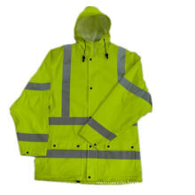 PU Coated Hooded Yellow Reflective PU Raincoat/Safety Clothing